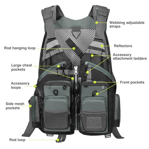 Gonex Fly Fishing Vest for Men Women, Comfortable Adjustable Fishing Vest with Multi-Pockets Reflective Stripes - color: Gray+black
