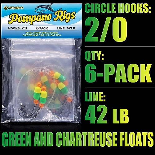 Pompano-Rigs-for-Surf-Fishing-Saltwater-Gear with Double Circle & Wide Gap Hook-6-Pack Surf Fishing Tackle - color: Green and Chartreuse 6-Pack, size: 2/0 Circle Hook