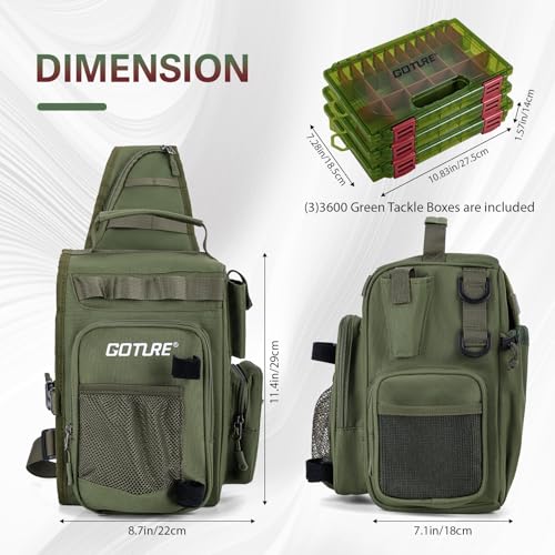 Goture OpenSide Tactical Sling Tackle Bag with 3 Tackle Trays and Fishing Tools, Lightweight Fishing Backpack Storage Gear and Equipment - Green Bag Outdoor, Gift for Men - color: Green, size: Small bag with 3600 trays, style: Bag + Fishing Boxes(handle)