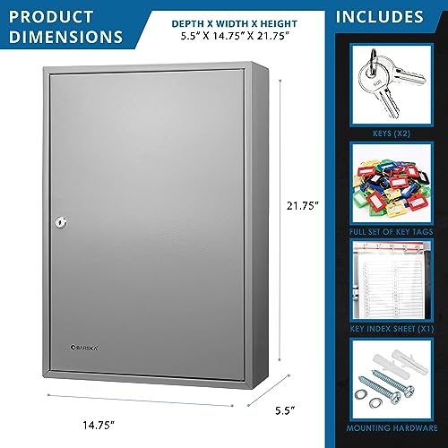 Barska Steel 150 Key Cabinet Organizer – Locking Wall Mount Safe with Numbered Hooks, Index Sheet & Key Tags for Business or Office Security - color: Grey, style: 150 Keys