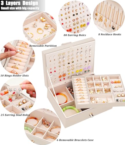 QBestry Girls Jewelry Box Earring Holder Organizer for Girls Jewelry Organizer Box Stud Earrings Organizer for Girl Womens Beige Jewelry Box for Earrings and Necklaces Rings Stud Earring Box for Teen - color: Beige, size: Medium