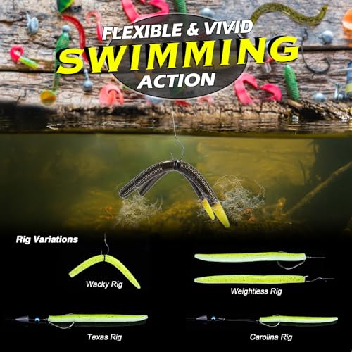 Goture Wacky Worm Fishing Lure Kit with Soft Plastics, Wacky Rig Tools, O-Rings, Worm & Drop Shot Hooks, Beads, Weights & Tackle Box - color: B-143pcs Wacky Worm Kit(5.3" Soft Worm)
