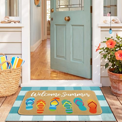 Tinideya 2 Pcs Summer Door Mat Outdoor Flip Flop Welcome Doormat Linen Rubber Layered Beach Rug Non Slip Coastal Blue and White Plaid Rug Farmhouse Summer Decor for Front Porch Entryway Outside - size: 16 x 28 Inch,24 x 35 Inch, style: Welcome Flip Flops