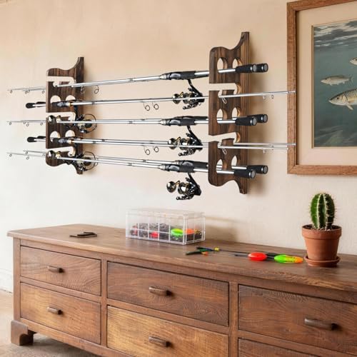 THKFISH Wood Fishing Rod Holders for Wall Ceiling, Holds Up to 7-10 fishing Pole Holders for Garage (1 set holds up 10 rods) - style: 1 set holds up 10 rods