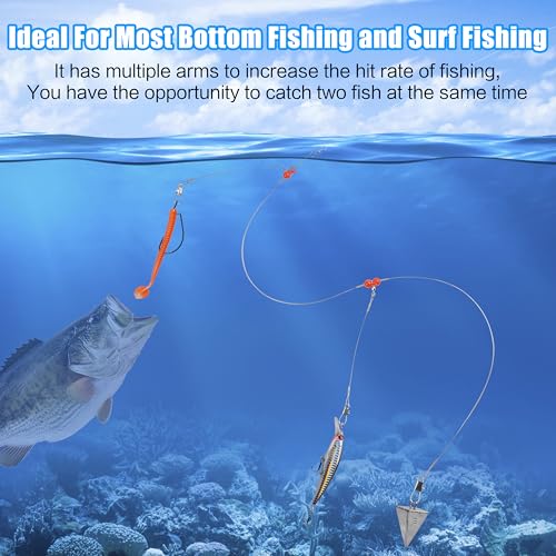 Fishing Leaders Saltwater Tackle Surf Fishing Rigs High Strength Steel Fishing Wire Leaders with Swivel Snaps Beads Gear Equipment for Lures Bait Hooks, 1Arm 2Arms & 3Arms - color: Silver