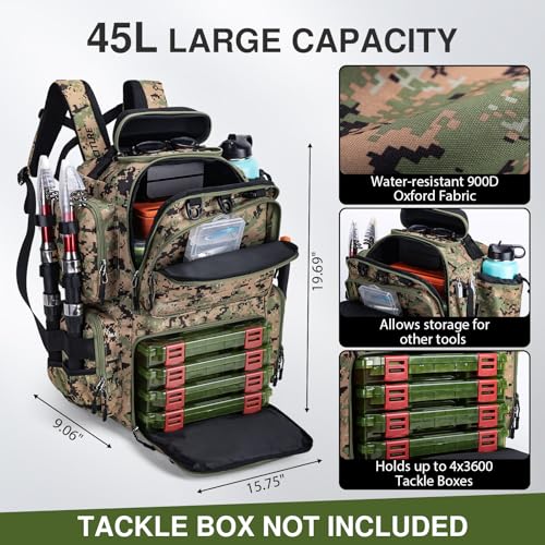 Goture Fishing Backpack, 900D Water-Resistant Tackle Backpack with Rod Holders, Hard Sunglasses Case, 45L Large Storage Gear Tackle Bag with Rain Cover, Bottle Holder for Travel Camping Hiking - color: A1:camo 5#, size: Without Tackle Boxes
