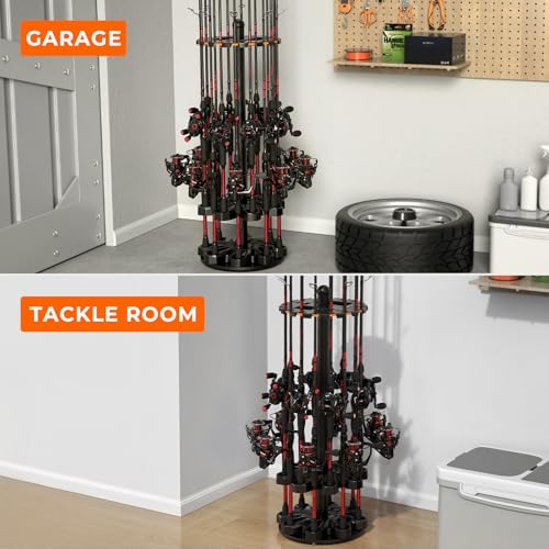 KastKing V16 Rotating Fishing Rod Holder for Garage, Floor Rack Holds Up to 16 Rods & Combos, Space-Saving Pole Organizer with Foam, Durable ABS, Fishing Gear Storage Gift for Men - size: V16 with Rotating Base