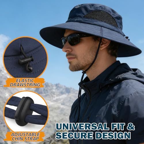 Wide Brim Sun Bucket Hat, Waterproof Boonie Hat for Men & Women | UPF 50+ UV Protection, Adjustable Fit, Chin Strap & Sweatband, Foldable Durable for Fishing Hiking Garden Beach - color: 01 Navy Blue