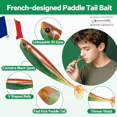 Clearance Bionics-Designed Durable Soft Plastic Fishing Lures Kit with Bonus Accessories, 3/4/5/6 Inch, 9-Type Lifelike Swimbaits in One Gear Set Included Tackle Box for Bass - color: Orange and Green