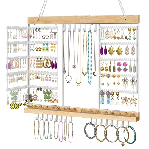 Large Rotating Hanging Jewelry Organizer, 5-Tier Wall Mounted Earring Holder for 180 Pairs, Jewelry Rack for Earrings, Necklaces, Bracelets & Rings, Necklaces, Bracelets & Rings, for Girls, White - color: White, size: Extended