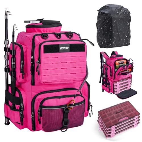 Goture Fishing Backpack with 4 Tackle Boxes,900D Water-Resistant Tackle Backpack with Rod Holders,45L Large Fishing Bag Storage Gear Tackle Bag with Rain Cover,Bottle Holder for Travel Camping Hiking - color: A3:pink With 4 Tackle Boxes