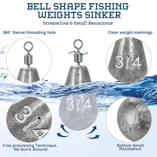 Landhoow Bell Sinkers Weights Casting Swivel Bell Sinkers Fishing Weights Rig for Ocean Saltwater Freshwater Surf Bass Fishing Casting Gear Tackle - size: 3/4oz