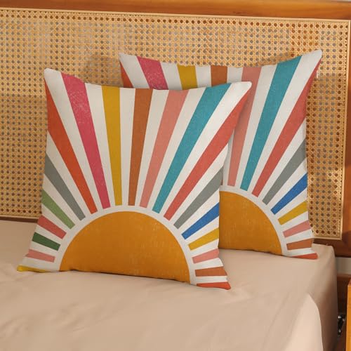 Summer Pillow Covers 16x16 Inch 2 Pcs Boho Colorful Sunshine Outdoor Decor Throw Pillows Stripes Rainbow Sun Farmhouse Holiday Decoration Pillowcase Linen Cushion Cover for Couch Sofa - color: Boho Sun 03, size: 16" x 16" (Pack of 2)