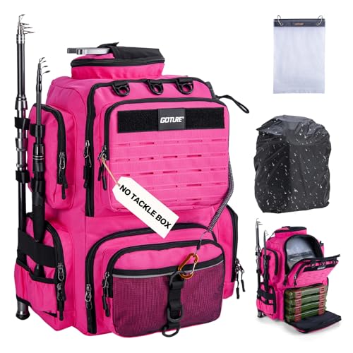 Goture Fishing Backpack, 900D Water-Resistant Tackle Backpack with Rod Holders, 45L Large Fishing Bag Storage Gear Tackle Bag with 8 Lure Pockets, Rain Cover for Camping Hiking(Without Tackle Box) - color: 45L Pink with 8 Lure Pockets