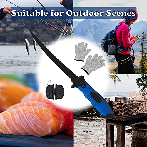 Fish Fillet Knife, 7 Inches Professional Fishing Fillet Knife Set Stainless Steel Blade in Corrosion Resistant Coating, with Sharpener and Cutting Resistant Gloves, for Fishing and Outdoor, Blue - color: Blue