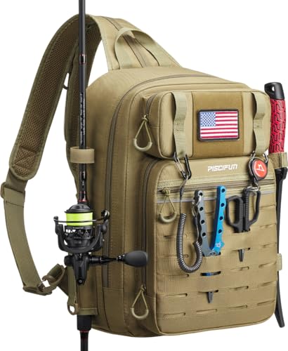Piscifun Fishing Backpack Tackle Bag with 2 Rod Holders, Multi-Compartment Storage, MOLLE System, Water-Resistant Lightweight Outdoor Pack - color: Double Shoulder - Khaki, style: Large