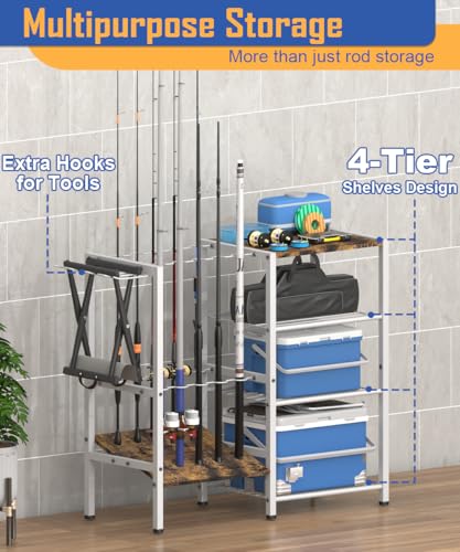 Fishing Rod Holders for Garage, Fishing Pole Holder Stand with Multifunctional Hook, 4 Tier Fishing Gear Equipment Organizers Rack, Fits Most Rods of 1.58" for Home Entryway Corner - color: White