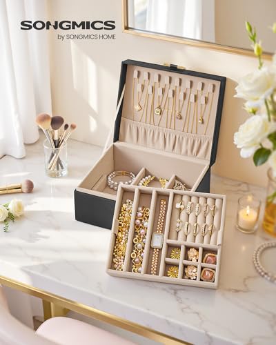 SONGMICS 2-Layer Jewelry Box Organizer, Jewelry Storage Case with Removable Tray and Handle, for Necklaces, Earrings, Rings, Bracelets, 6.7 x 8.1 x 3.7 Inches, Gift Idea, Black UJBC208BZ01S - color: Black