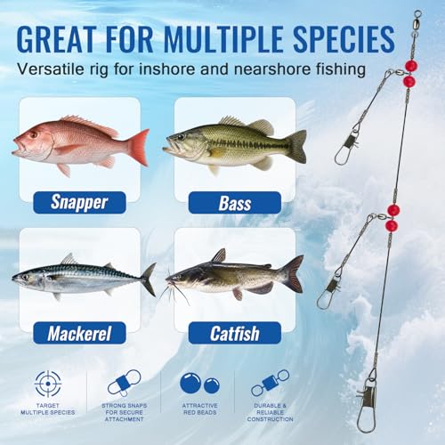 Narcissus Double Drop Saltwater Fishing Rig – Mono 2 Hook Bottom Rigs with Swivels & Snaps, Pre-Tied Surf Pier Boat Leader Line for Snapper, Bass, Mackerel, Catfish - color: Double Drop Rig-12Pack- Black