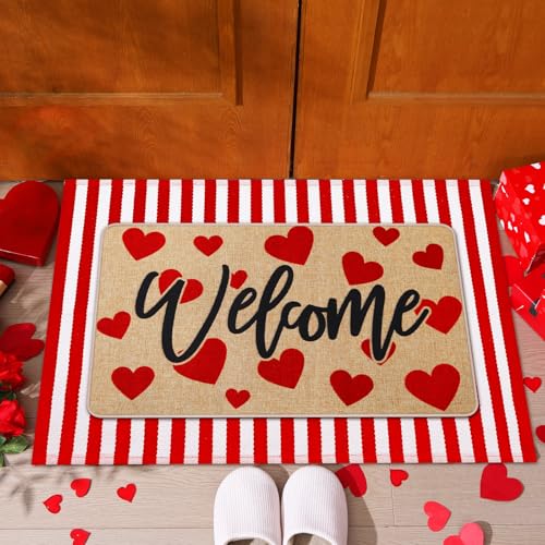 Tinideya 2 Pcs Valentine's Day Doormats Welcome Outdoor Red Heart Door Mats Layered Front Door Rugs Non Slip Floor Mats for Porch Entryway Outdoor - size: 16 x 28 Inch,24 x 35 Inch, style: Heart