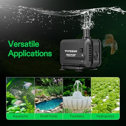VIVOSUN 400GPH Submersible Pump(1500L/H, 15W), Ultra Quiet Water Pump with 5.2ft High Lift, Fountain Pump with 5ft Power Cord, 3 Nozzles for Fish Tank, Pond, Aquarium, Statuary, Hydroponics - size: 5"×4"-400
