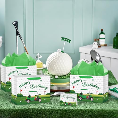 Hooqict Large Golf Gift Bag Golf Themed Birthday Party Gift Wrapping Bag with Handles, Tissue Paper, Greeting Cards for Kids Boys Men Goodie Candy Treat Party Favors - color: Golf