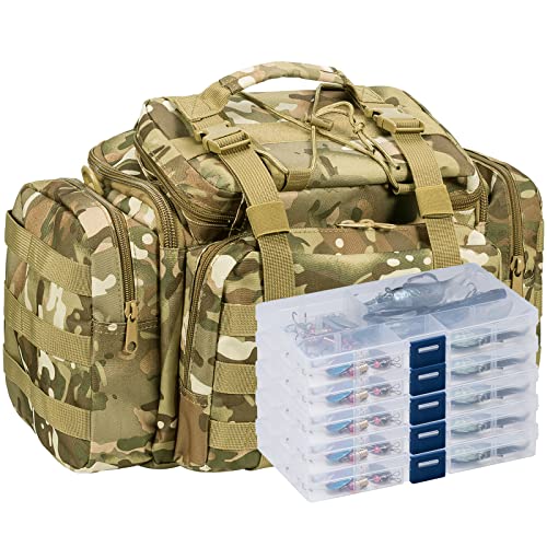 Dr.Fish Fishing Tackle Bag 5 Boxes with 60 Lures Included Loaded Stocked Tackle Box Set Spinner Lures Kit Freshwater Gear Equipment - color: Large Camo Bag, 16.5*9.4*9.4''