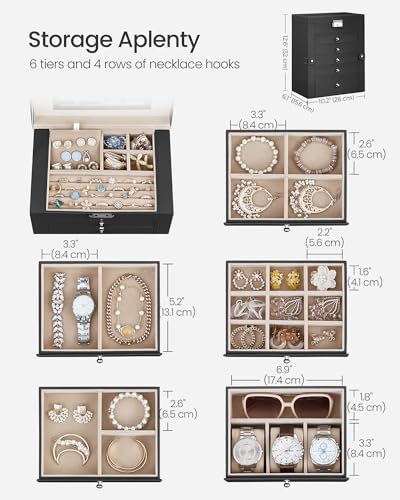 SONGMICS 6-Layer Jewelry Box Organizer with 5 Drawers, Jewelry Storage Case with Lock and Mirror, Large Storage Capacity, Gift for Loved Ones, for Necklaces, Watches, Black UJBC152B01 - color: Black, size: 6 Tier