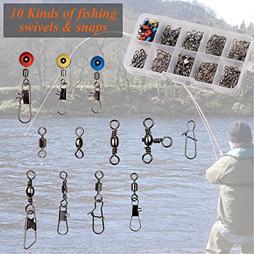 Fishing Swivels Kit - Ball Bearing Swivel, Rolling Barrel Swivel, Crossline Three Way Swivel, Duo Lock Snap, High Strength Fishing Line Connector for Bass Trout Saltwater Freshwater - color: 115PCS