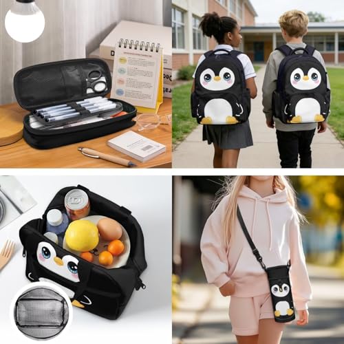 Penguin Print Backpack for Kids 4 Pieces School Backpack with Insulated Lunch Bag with Pencil Case Water Bottle Carrier for 4-6 Years - color: Penguin