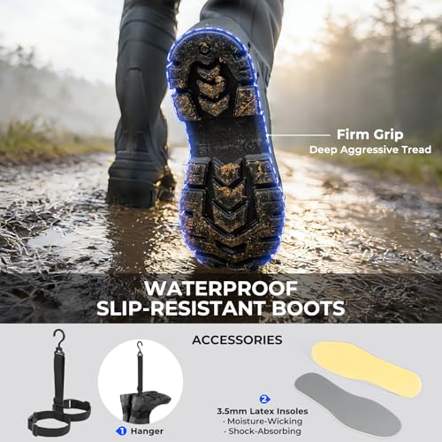 Extremus MarshPro Fishing Waders for Men, 100% Waterproof PVC Chest Waders with Slip-Resistant Boots - color: Black, size: 5