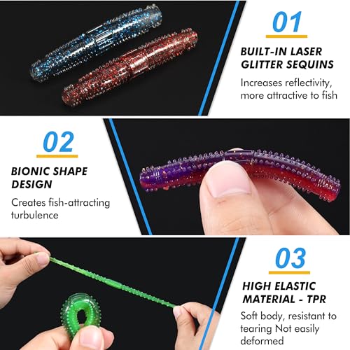 PLUSINNO Wacky Worm Fishing Lure Kit, Soft Plastic Fishing Lures, Grub Baits Hook Wacky Rig Bass Trout Fishing Worms Lures w/Tackle Box - color: 65PCS Stick Worms Ned Rig Kit