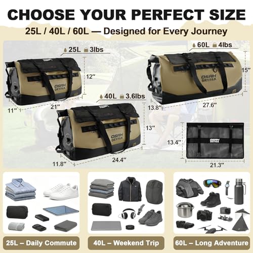 OSAH DRYPAK Waterproof Duffel Bag 25L/40L/60L – Heavy-Duty Motorcycle Tail Bag, Roll-Top Dry Bag for Travel, Camping, Boating, Kayaking, Outdoor Adventure - color: BROWN, size: 40L