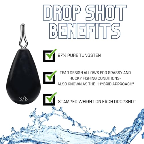 Reaction Tackle Tungsten Drop Shot Weights for Bass Fishing - Size Stamped Finesse Sinkers for Drop Shot Rig - Freshwater and Saltwater - color: Black Teardrop, size: 3/8 Oz (6-Pack)