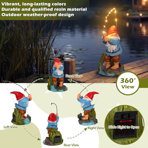 EXYGLO Solar Gnome Garden Statue Decor, 8.5" Fishing Gnome Outdoor Funny Decoration for Lawn, Patio, Yard, and Unique Housewarming, Birthday Ornament Gift for Mother, Friend, Family - style: Fishing Gnome