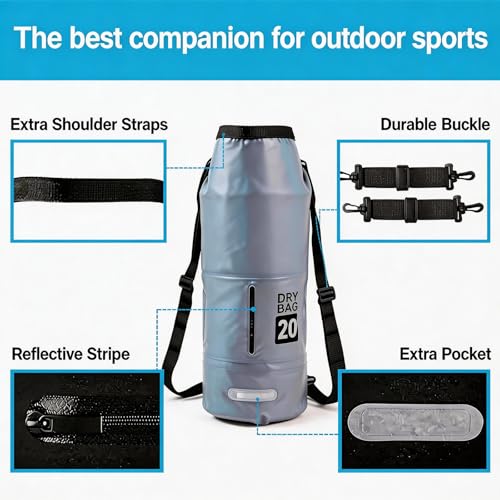 20L Waterproof Dry Bag - Floating Heavy Duty PVC Dry Sack - for Boating, Fishing & Beach - Backpack Style Waterproof Bag for Men & Women - color: Grey, size: 20L