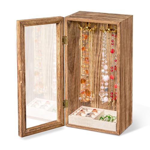 SINGLBA Necklace Holder Organizer, Wooden Jewelry Box for Women Girls, Rotatable Jewelry Organizer Case with Ring Tray Display & Storage for Necklaces Bracelets Rings Earrings, Gifts for Women Her - color: Carbonized Brown