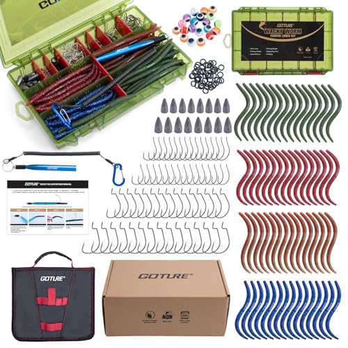 Goture Wacky Worm Fishing Lure Kit with Soft Plastics, Wacky Rig Tools, O-Rings, Worm & Drop Shot Hooks, Beads, Weights & Tackle Box - color: F:209pcs-(5" Soft Worm)&Tackle Box&Lure Bag