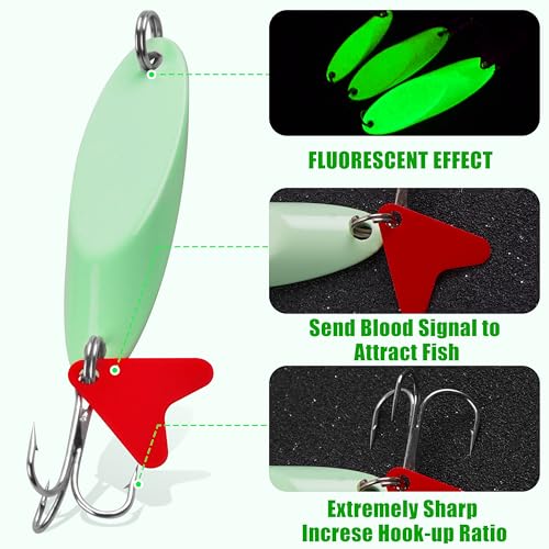 Fishing Spoon Lures, 8pcs Metal Spoon Fishing Lures Casting Trout Spoons with Treble Hooks Luminous Jigging Spoon Baits for Trout Bass Crappie Pike Walleye Saltwater Freshwater - size: 10g(3/8oz)-8pcs