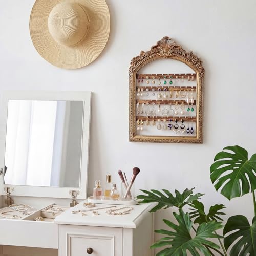 1 Pcs 10 x 6.9'' Wall Hanging Earring Holder Organizers Vintage Arched Frame 4 Layer Wall Mounted Jewelry Holder Decorative Retro Baroque Stud Earring Display (Gold) - color: Gold, size: 10 x 6.9''