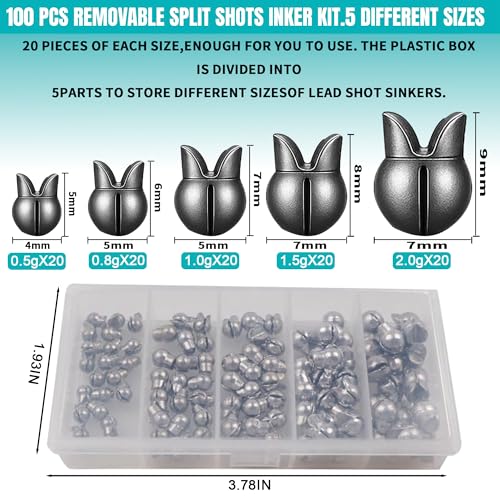 Removable Split Shot Fishing Weights & Sinkers 0.5g-2g Assorted Kit with Storage Box – Lead Sinkers for Drop Shot, Bass, Trout, Crappie, Freshwater & Saltwater Fishing