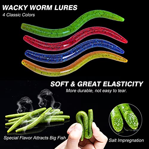 Goture Wacky Worm Fishing Lure Kit with Soft Plastics, Wacky Rig Tools, O-Rings, Worm & Drop Shot Hooks, Beads, Weights & Tackle Box - color: A-72pcs Wacky Worm Tool Kit(4" Soft Worm)