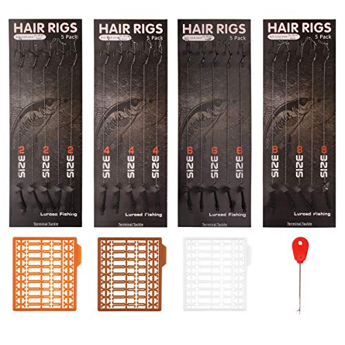 Carp Fishing Hair Rigs, 20 Pcs Curved Barbed Carp Hook Anti-Tangle Swivel Braided Thread line with 3 Card Boilie Bait Stops Dumbell Stoppers and Stringer Needle - color: Barbed, size: Mixed (2# 4# 6# 8#）