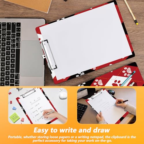 Black and Red Paw Prints Clipboard, Valentine's Plaid Pattern Decorative Clip Board with Metal Clip Cute Plastic Clipboards A4 Standard Size 8.5" x 12.5" for Nurses, Students, Office - color: Black Red Paw