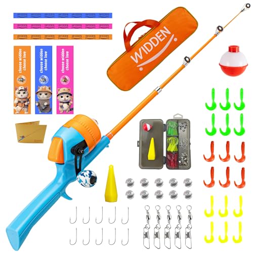 Kids Fishing Pole, Telescopic Fishing Rod, Toddler Collapsible Fishing Rod and Reel Combo with Tackle Box, Fishing Line, Bobber, and Soft Lures for Boy, Girl, Youth, Beginner, Over 4 Years Old - color: orange