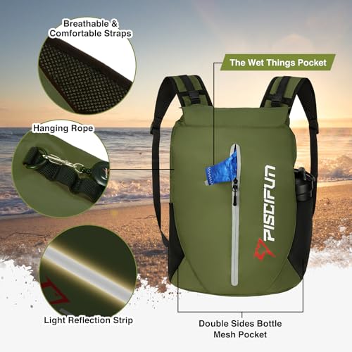 Piscifun Dry Bag Waterproof, Lightweight Dry Backpack Roll-Top Sealed with Waist Pouch and Phone Case Keeps Gear Dry Inside for Kayaking, Boating - color: Army Green, size: 20L