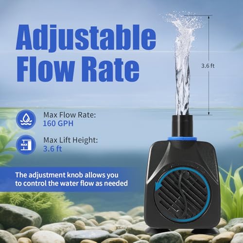 AQUANEAT Small Fountain Pump, 160 GPH Submersible Water Pump for Aquarium Fish Tank, Outdoor Water Fountain, Hydroponics, Pond Filter Pump - size: 160 GPH