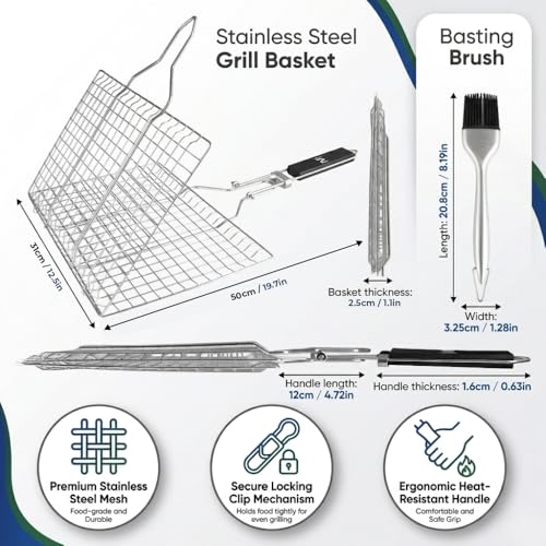 BBQ Grill Basket for Outdoor Cooking, Stainless Steel Fish Basket with Detachable Heat Resistant Handle, Lockable Design for Vegetables Shrimp Meat, Camping Cooking Rack, Grilling Accessories