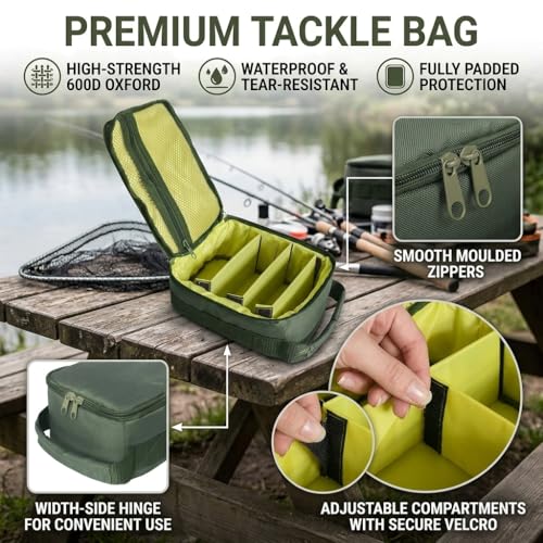 Fishing Tackle Bag Waterproof Fishing Bags Portable Fishing Reel & Gear Bag with 3 Adjustable Dividers for Spinning Baitcasting Fly Reels (Army Green)