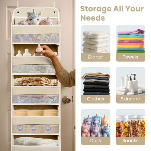 Easy Assembly Over The Door Organizer, 6 Shelves&10 Side Pockets, Heavy-Duty Reinforced Mesh Rack Holds 44lb, Hanging Behind Door Storage for Bathroom Pantry, Nursery, Closet, Shoes,Towels-Ivory White - color: Ivory White, size: 6 shelf